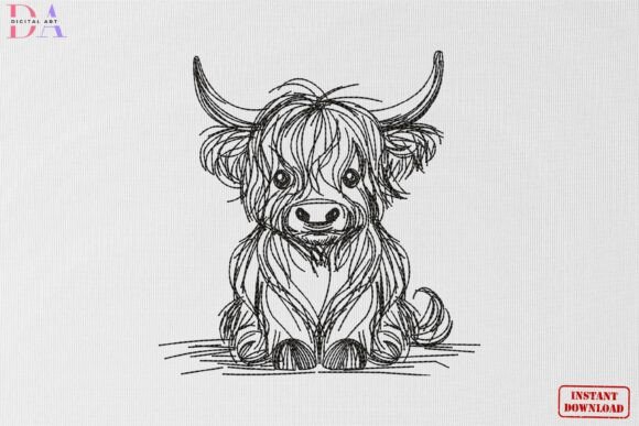 Cute Highland Cow Sketch Animal: A Craft Fair-Ready Embroidery Design?